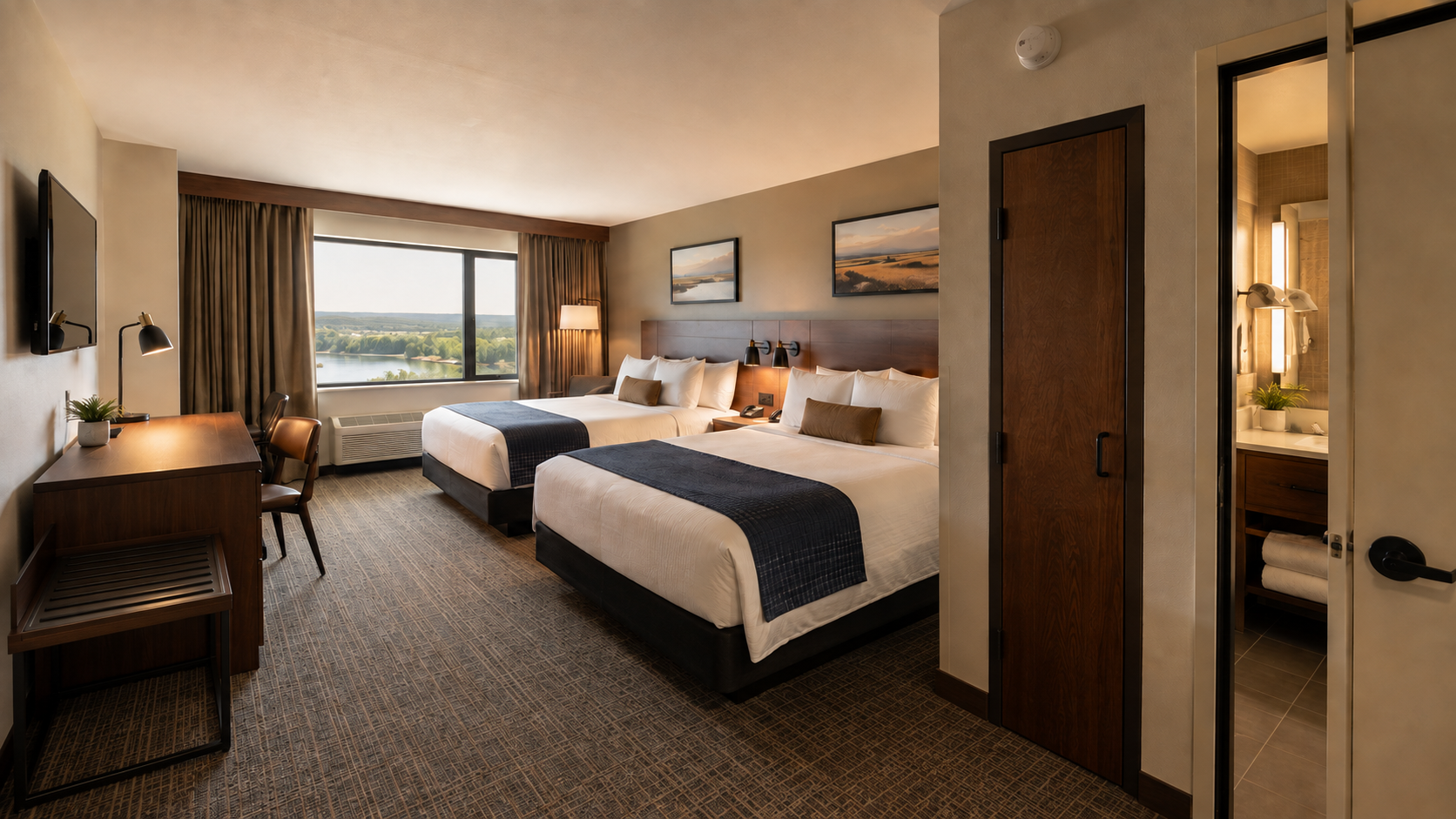 Aspirational renovation concept showing a warm two-queen hotel room