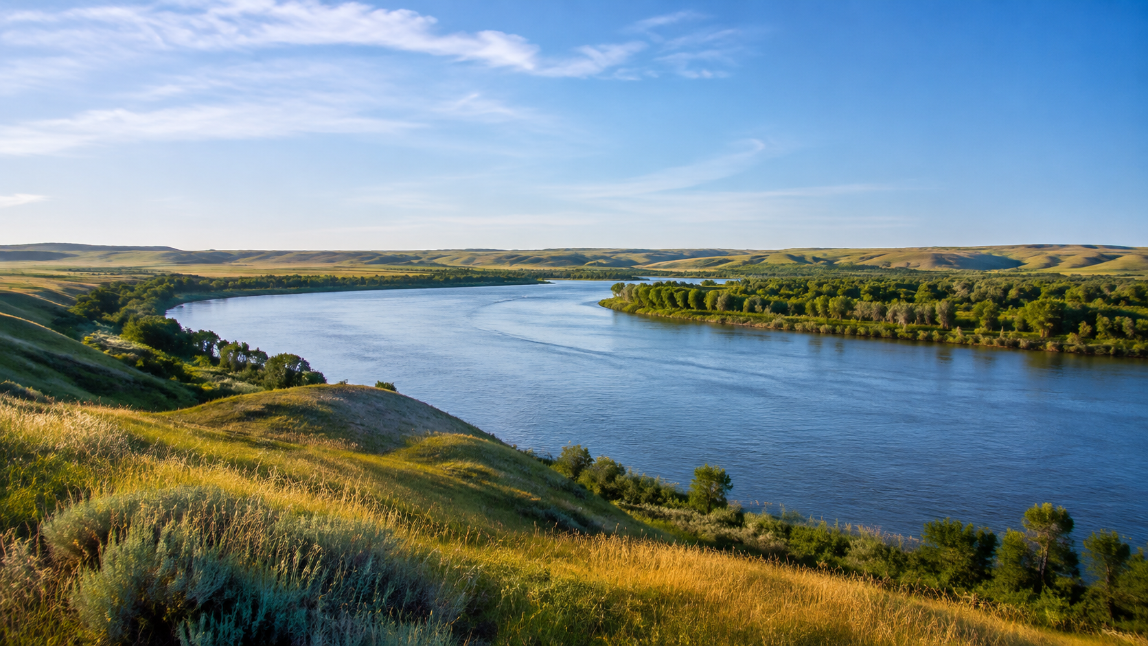 Conceptual editorial landscape evoking the Missouri River near Pierre